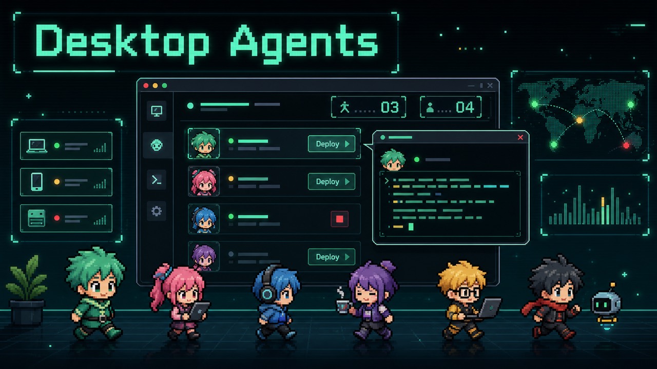 Illustrative artwork for Desktop Agents: pixel-art characters beside a console window with a companion list and an open conversation bubble